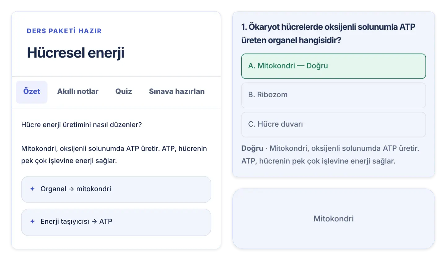 LectureSift sonuç ekranı: hücresel enerji dersinin özeti, doğru yanıtlanmış bir quiz sorusu ve bir bilgi kartı